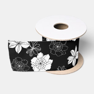 Black & White Floral Pattern Satin Ribbon