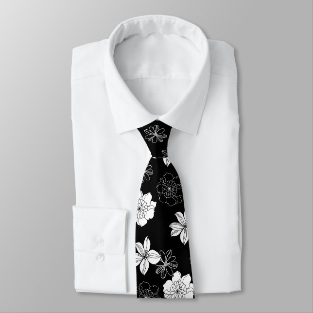Black & White Floral Pattern Tie (Tied)