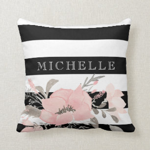 Black   White Floral Personalised Cushion