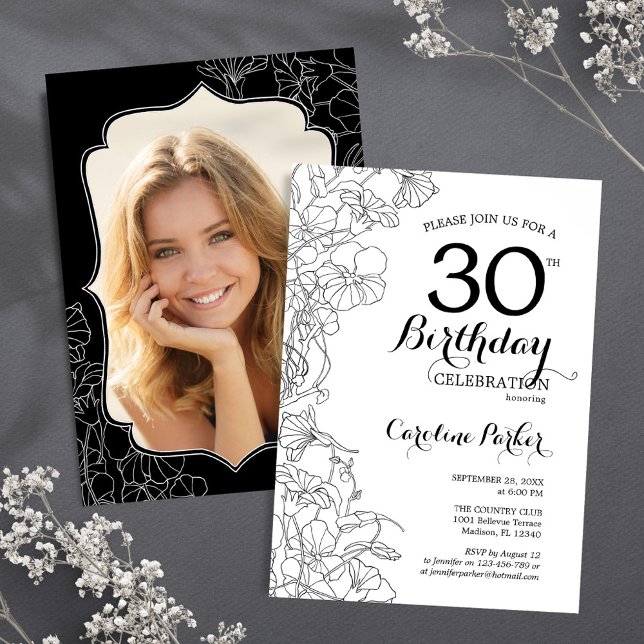 Black White Floral Photo 30th Birthday Party Invitation (Creator Uploaded)