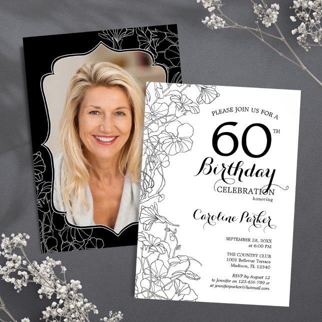 Black White Floral Photo 60th Birthday Party Invitation (Creator Uploaded)