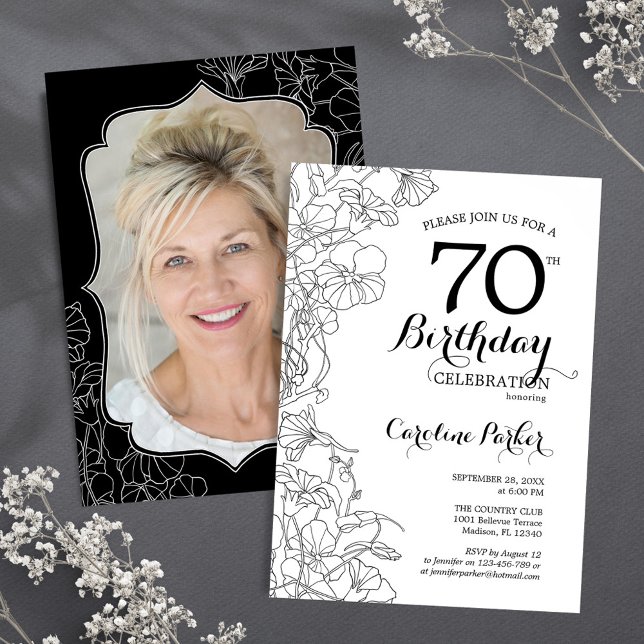 Black White Floral Photo 70th Birthday Party Invitation (Creator Uploaded)