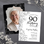 Black White Floral Photo 90th Birthday Party Invitation<br><div class="desc">Black white floral 90th Birthday party invitation with your photo at the back of the card. Minimalist modern design featuring botanical outline drawings accents and typography script font. Simple trendy invite card perfect for a stylish female bday celebration. Can be customised to any age. Printed Zazzle invitations or instant download...</div>