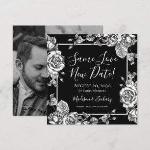 Black White Floral Photo Same Love New Date Invitation