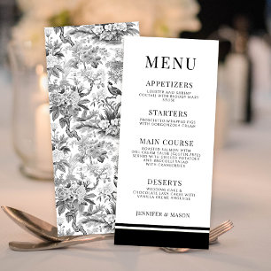 Black white floral porcelain wedding menu cards