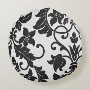 Black & White Floral Print Round Pillow
