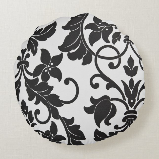 Black & White Floral Print Round Pillow (Back)