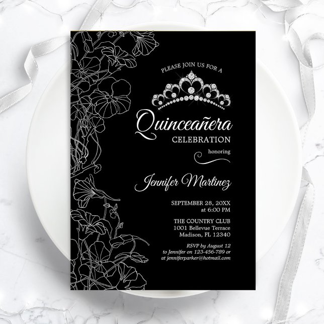 Black White Floral Quinceanera Party Invitation (Creator Uploaded)
