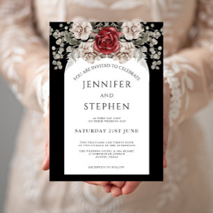 Black White Floral Rose Eucalyptus Wedding Invitation