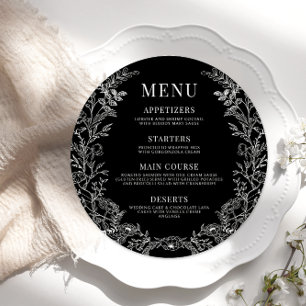 Black white floral round wedding Menu Card Plate