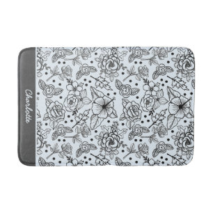 Black & white floral seamless pattern with name  bath mat
