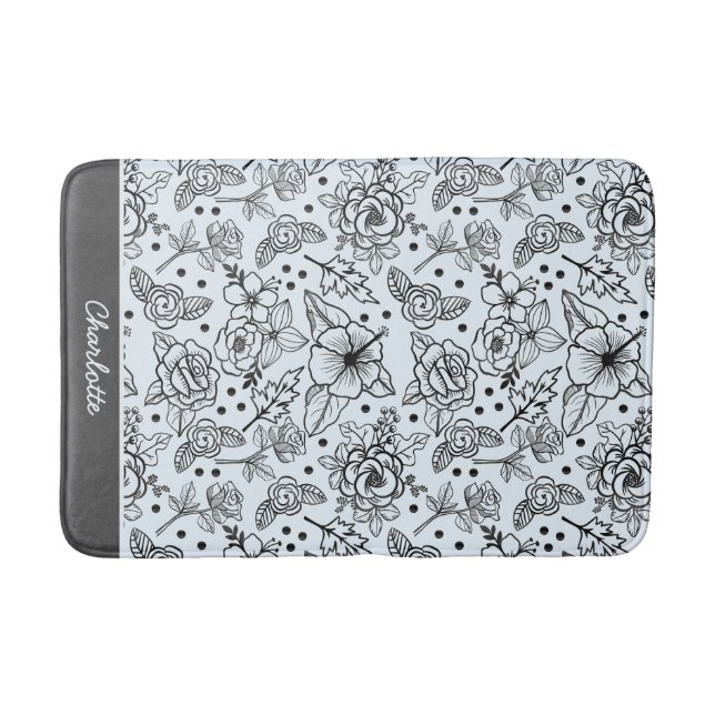 Black & white floral seamless pattern with name  bath mat (Front)