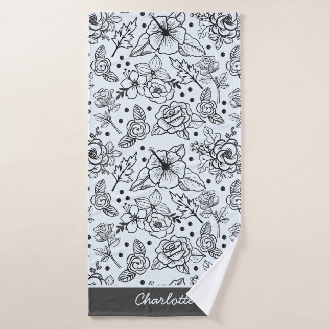 Black & white floral seamless pattern with name bath towel (Bath Towel)