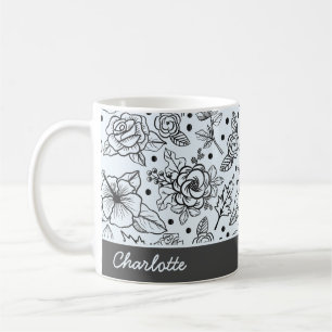 Black & white floral seamless pattern with name coffee mug
