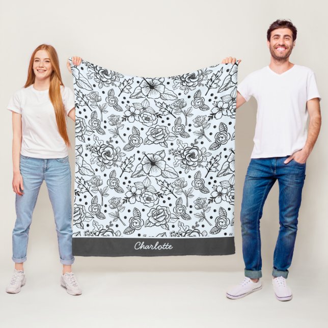 Black & white floral seamless pattern with name  fleece blanket (In Situ)