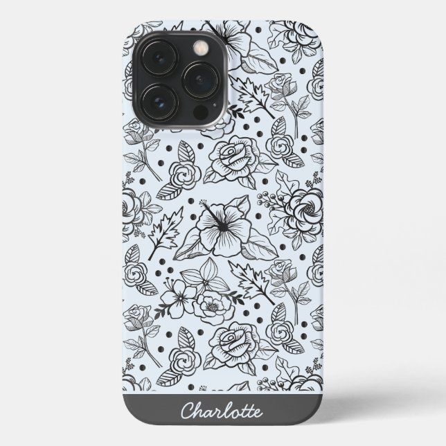 Black & white floral seamless pattern with name iPhone case (Back)