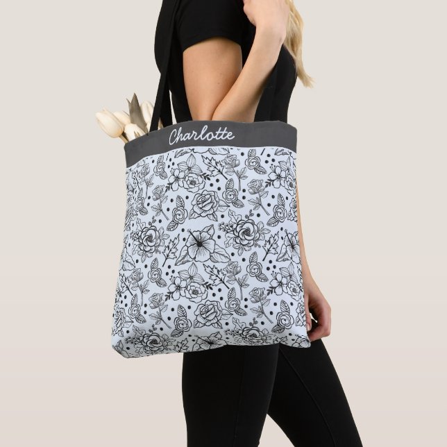 Black & white floral seamless pattern with name  tote bag (Close Up)