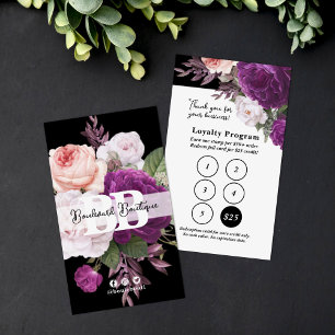 Black & White Floral Service Loyalty 5-Stamp Punch Business Card