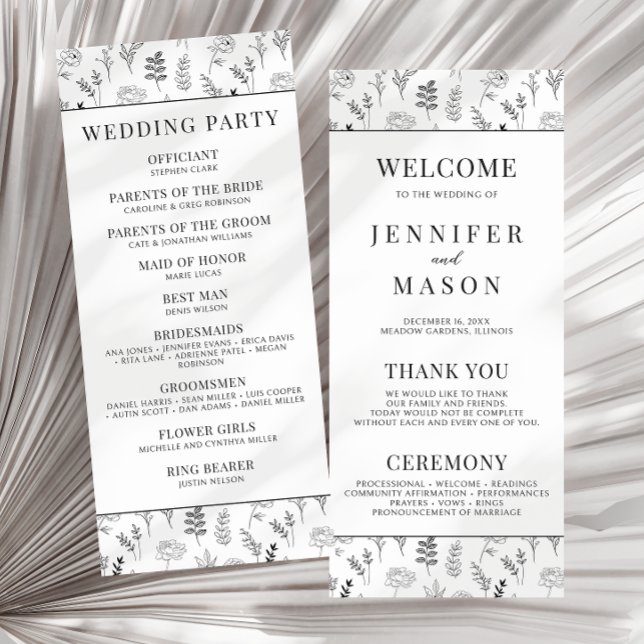 Black white floral simple wedding program card (Creator Uploaded)