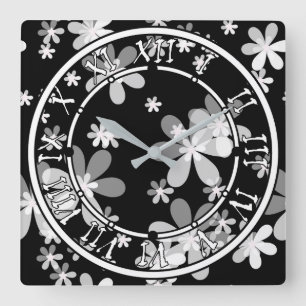 black white floral square wall clock