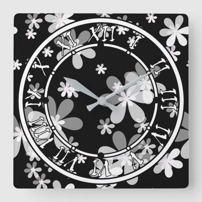 black white floral square wall clock (Front)