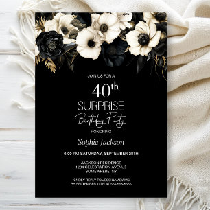 Black White Floral Surprise 40th Birthday Party Invitation