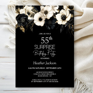 Black White Floral Surprise 55th Birthday Party Invitation