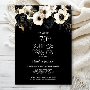 Black White Floral Surprise 70th Birthday Party Invitation