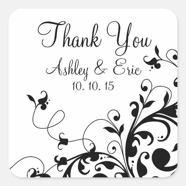 Black White Floral Swirl Wedding Favour Sticker (Front)