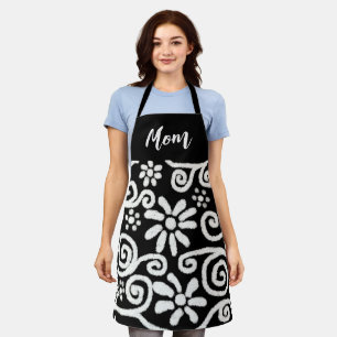 Black White Floral & Swirls Flowers Flower Pattern Apron