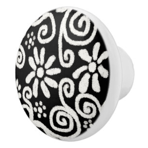 Black White Floral & Swirls Flowers Flower Pattern Ceramic Knob