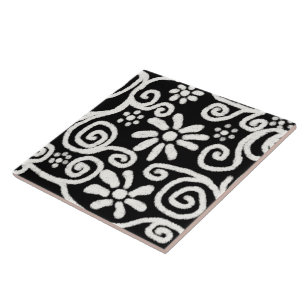 Black White Floral & Swirls Flowers Flower Pattern Ceramic Tile