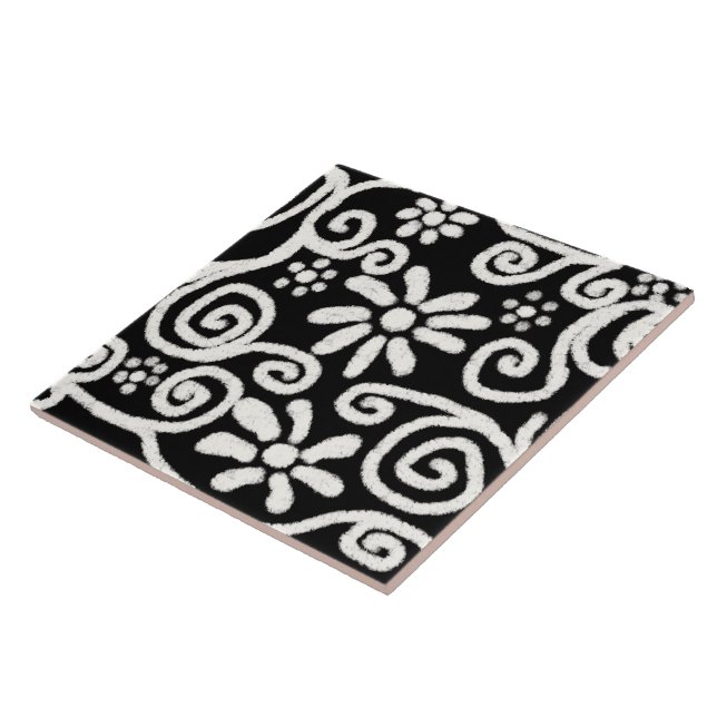 Black White Floral & Swirls Flowers Flower Pattern Ceramic Tile (Side)