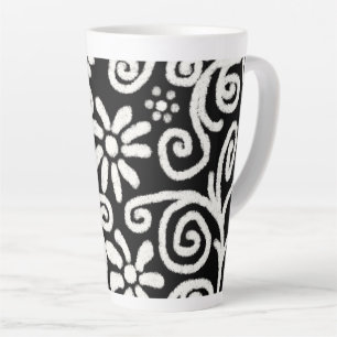 Black White Floral & Swirls Flowers Flower Pattern Latte Mug