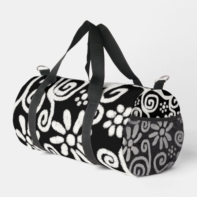 Black White Floral & Swirls Flowers Flower Swirl Duffle Bag (Right Corner)