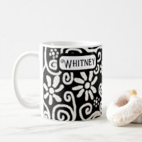 Black White Floral & Swirls Flowers Personalised