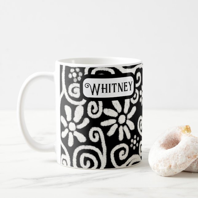 Black White Floral & Swirls Flowers Personalised Coffee Mug (With Donut)