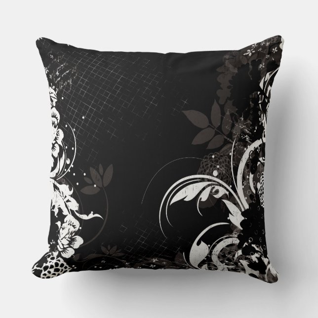 Black White Floral Swirls Graphic Throw Pillow (Front)