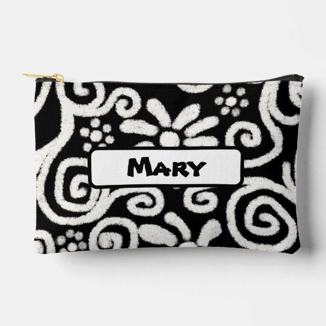 Black White Floral Swirls Pattern Personalised Accessory Pouch (Front)