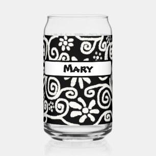 Black White Floral Swirls Pattern Personalised Can Glass