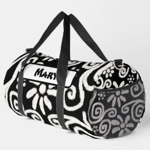 Black White Floral Swirls Pattern Personalised Duffle Bag