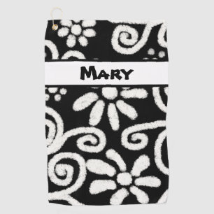 Black White Floral Swirls Pattern Personalised Golf Towel