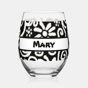 Black White Floral Swirls Pattern Personalised Stemless Wine Glass