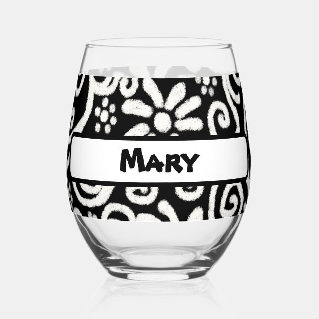 Black White Floral Swirls Pattern Personalised Stemless Wine Glass (Front)