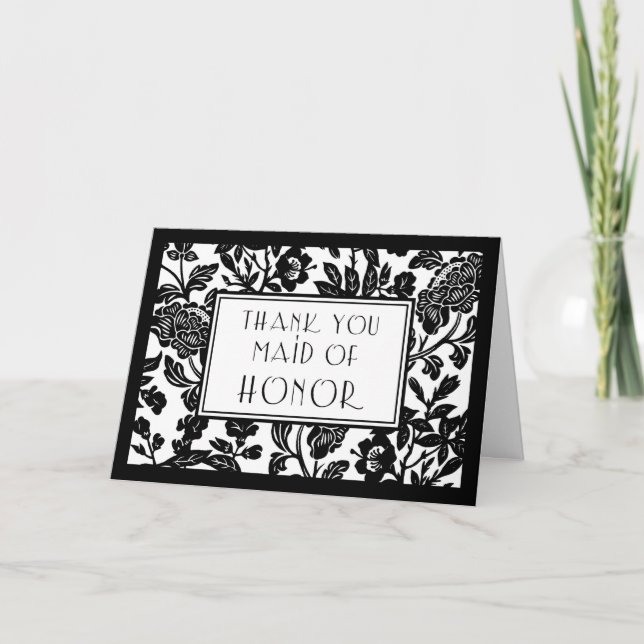 Black & White Floral Thank You Maid of Honour Card (Front)