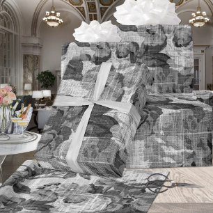 Black & White Floral Toile Botanical Decoupage Wrapping Paper