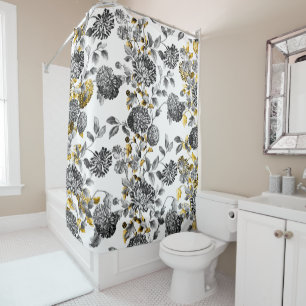 Black White Floral Toile Gold Floral Trim Shower Curtain