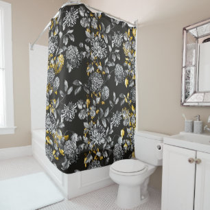 Black White Floral Toile Gold Trim Soft Black Shower Curtain