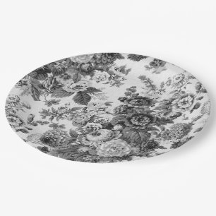 Black & White Floral Toile No.3 Paper Plate