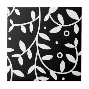Black & White Floral Vines Contemporary Ceramic Tile